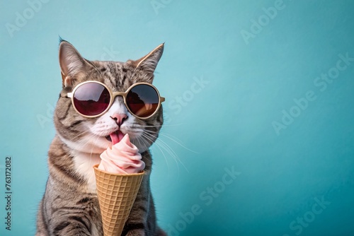 Funny cat wearing sunglasses and eating ice cream cone on solid color background