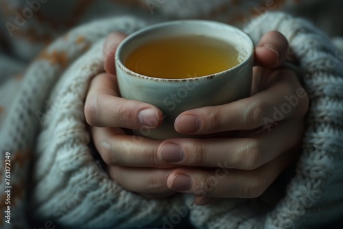 Closeup of hands holding a cup of herbal tea, showcasing comfort and warmth