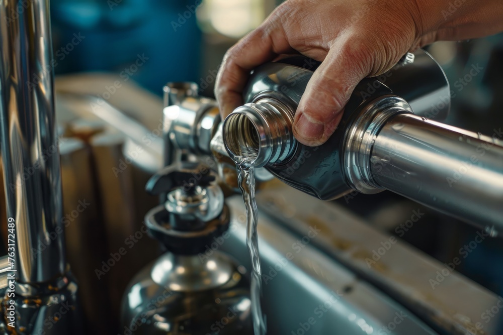 A persons hand filling a reusable metal or glass water bottle with running water from a faucet, promoting the reduction of single-use plastic waste