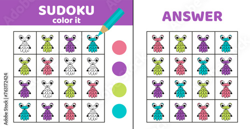 Alien in sudoku. Coloring sudoku with alien. Cartoon