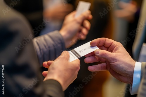 Close-up of hands exchanging a business card, emphasizing professional relationship building at a networking event