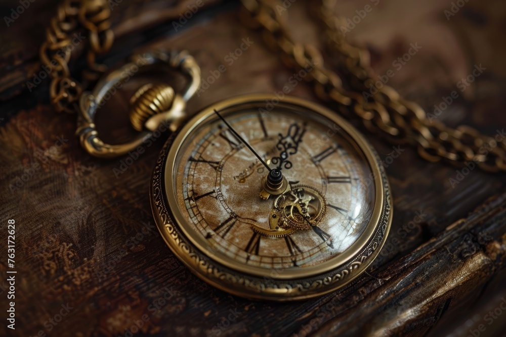 Detailed close-up of a classic pocket watch resting on a wooden table, showcasing intricate design and craftsmanship