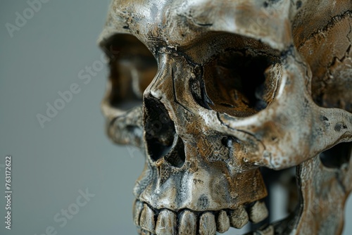 Detailed view of a human skull placed on a table, showcasing its intricate features and macabre aesthetic
