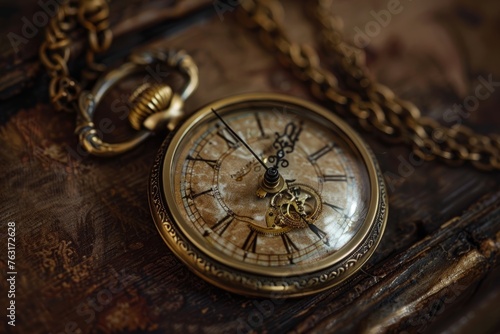 Detailed close-up of a classic pocket watch resting on a wooden table, showcasing intricate design and craftsmanship