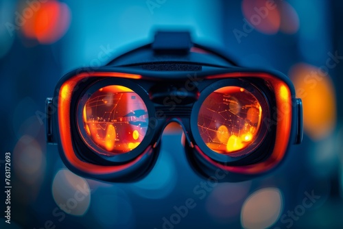 A close-up view of futuristic goggles adorned with glowing red lights, showcasing modern technology and innovation © Ilia Nesolenyi