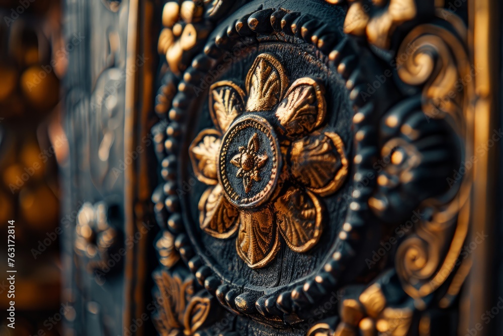 Detailed shot of a metal door adorned with a clock, showcasing intricate design and craftsmanship