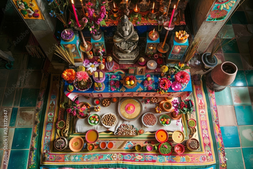 An assortment of decorations scattered on the floor of a room, showcasing a mix of colors and objects