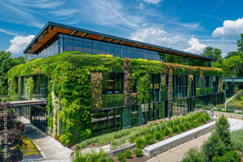 A building enveloped in green plants, showcasing sustainable architecture, set amidst lush trees