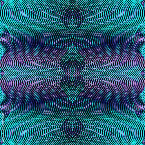 Linear mystical abstract symmetrical background with optical illusion of wavy lines and moire effect. Psychedelic vector blending of stripes and rounded shapes in phantom blue colors.