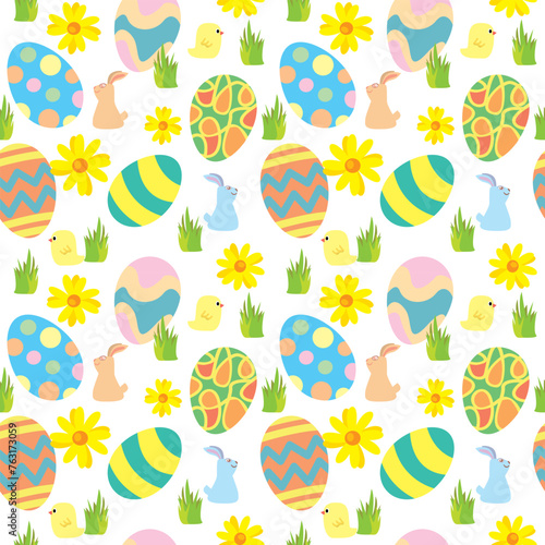 Vector seamless pattern of Easter eggs, rabbits and flowers, isolated design on white background, simple and cute graphic elements. Flat color cartoon.