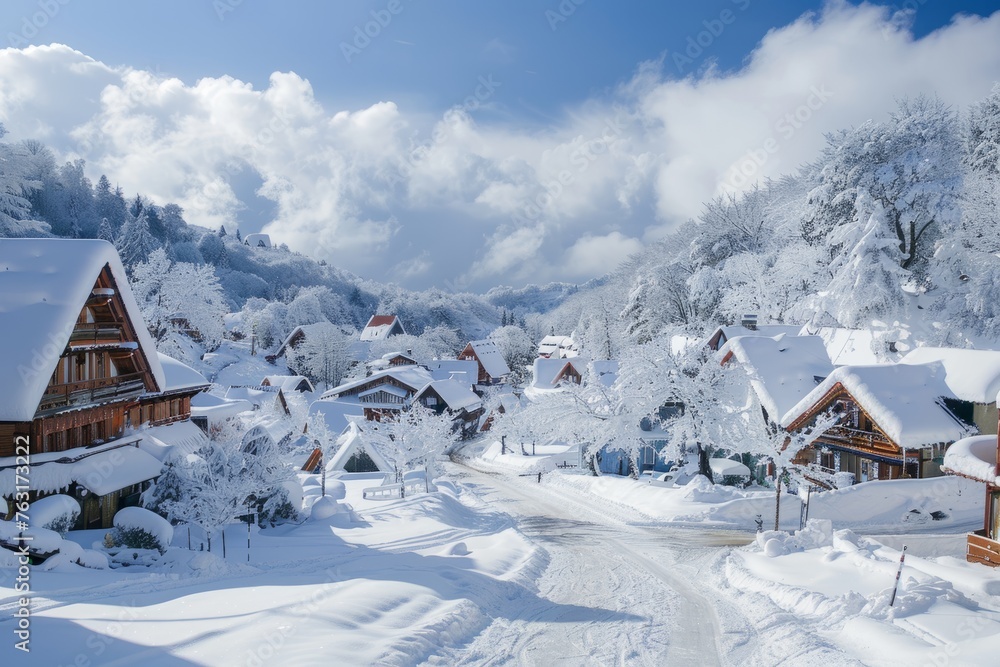 A snow-covered village with a mountain in the background, showcasing a picturesque winter scene