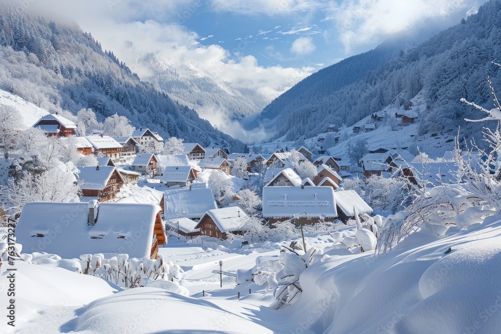Village covered in snow in a mountain range setting