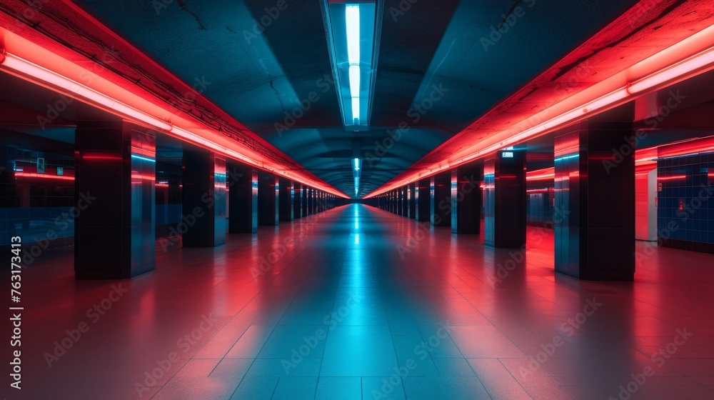 Red Neon Light Underground Passage, An underground passage dramatically lit with red neon lights, giving a sense of depth and mystery. Empty scene