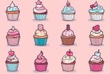 Multiple cupcakes with icing and decorations on pink backdrop