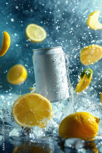 Aluminum cans without logos with splashes of ice and lemon. Layout for advertising banners  etc