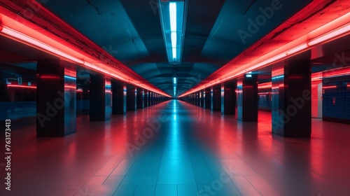 Red Neon Light Underground Passage, An underground passage dramatically lit with red neon lights, giving a sense of depth and mystery. Empty scene © petrrgoskov