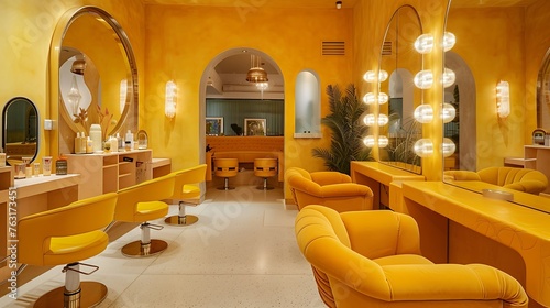 an image of a vintage Hollywood-inspired nail salon with yellow velvet furnishings