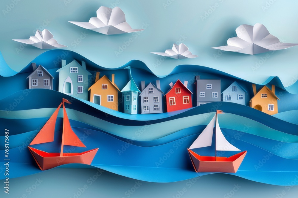 Paper craft art images of a quiet seaside village with a paper boat floating on blue paper waves Paper craft art images of a quiet seaside village with a paper boat floating on blue paper waves
