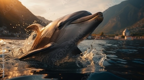 Beautiful dolphin leaping out of clear blue water with ample space for overlay text © chelmicky