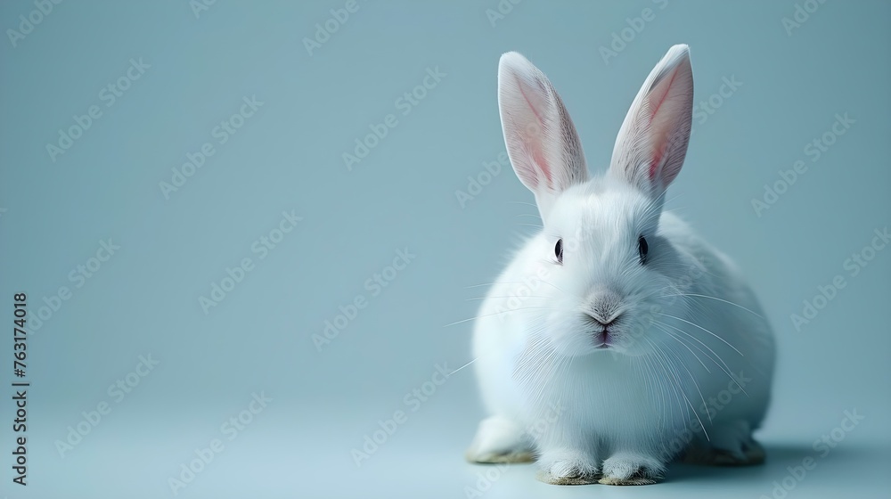 Obraz premium White pet rabbit with a smiling expression isolated on a white background with copy space. Concept White Rabbit, Smiling Expression, White Background, Copy Space