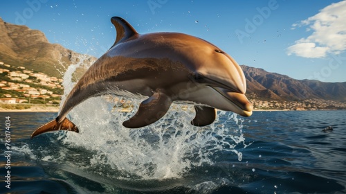 Beautiful dolphin leaping out of water with ample copy space for text and background design © chelmicky