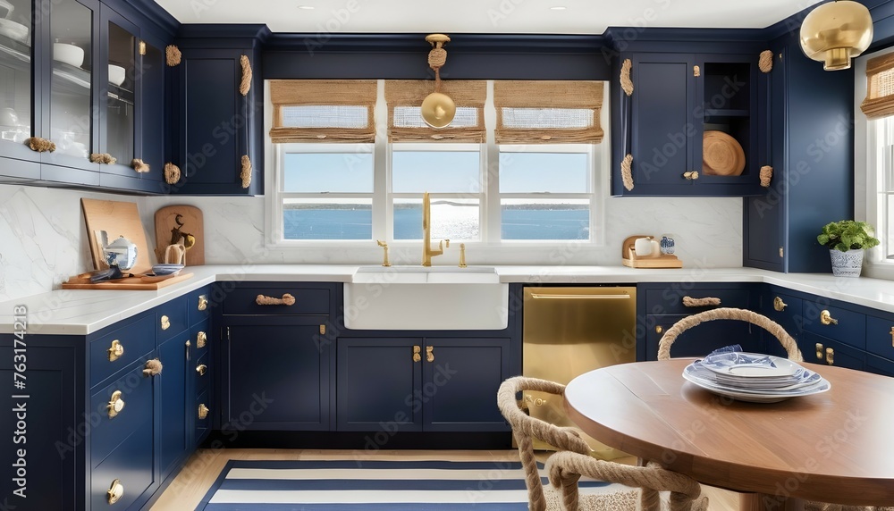 A nautical-themed kitchen with navy blue cabinets, brass hardware, and ...