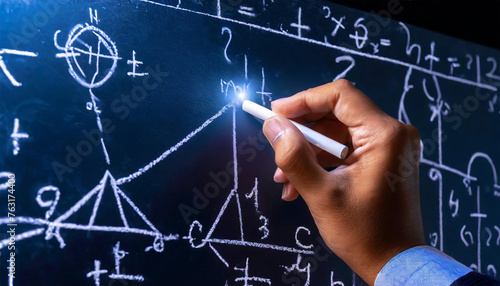 Extreme close-up of a hand holding chalk and writing a complex and sophisticated mathematical formula or equation on a blackboard. Generative Ai.