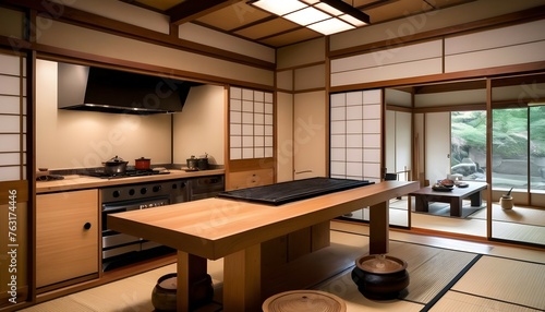 A Japanese-inspired kitchen with sliding shoji screens, tatami flooring, and a built-in teppanyaki grill for cooking traditional dishes.
