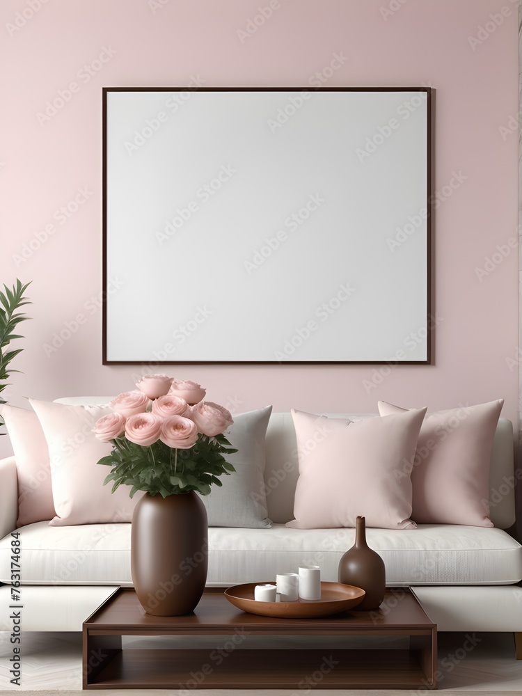 Mockup poster frame in pink living room interior background, interior mockup design Mockup poster frame in pink living room interior background, interior mockup design