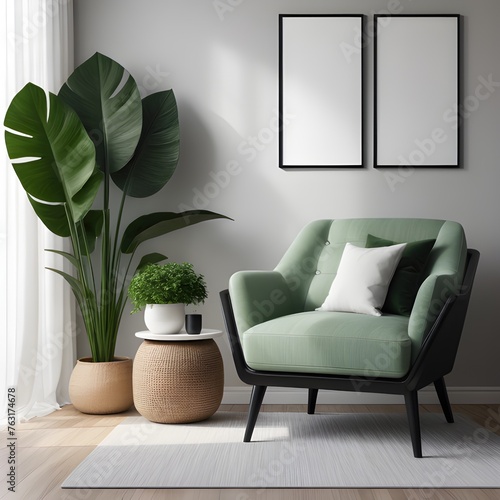 Living room wall poster mockup, interior mockup with house background, modern interior design