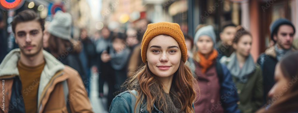 A young woman stands out from the crowd of people on a city street, looking at the camera with a confident smile and a happy facial expression while standing among a group of other teenagers