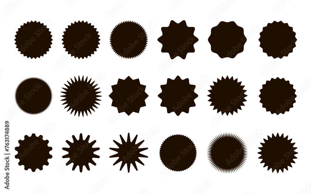 Zig zag wavy edge starbust circle shapes icon set. Abstract elements with jagged edges. Vector illustration of silhouette blank for sicker, label, tag, badge, stamp Zig zag wavy edge starbust circle shapes icon set. Abstract elements with jagged edges. Vector illustration of silhouette blank for sicker, label, tag, badge, stamp