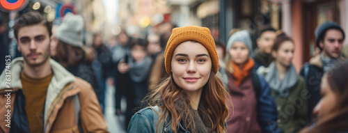 A young woman stands out from the crowd of people on a city street, looking at the camera with a confident smile and a happy facial expression while standing among a group of other teenagers © Kien