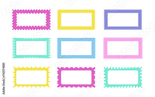 Zig zag wavy edge rectangle frames icon set. Abstract colorful borders with jagged edges. Vector illustration of silhouette blank for card, poster, flyer, sicker, template, badge