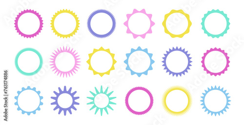 Zig zag wavy edge starbust circle frames icon set. Abstract colorful elements with jagged edges. Vector illustration of silhouette blank for sicker, label, tag, badge, stamp