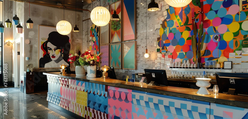A boutique hotel reception desk that oozes artistic beauty with its colorful bursts of design and distinctive style