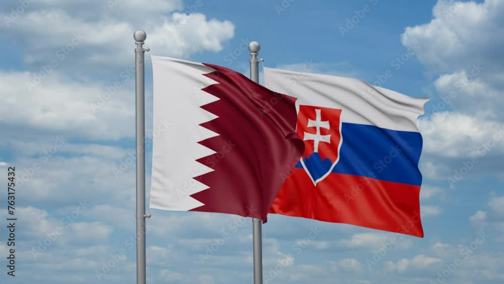 Slovak Republic or Slovakia and Qatar two flags waving together, looped video, two country cooperation concept Slovak Republic or Slovakia and Qatar two flags waving together, looped video, two country cooperation concept