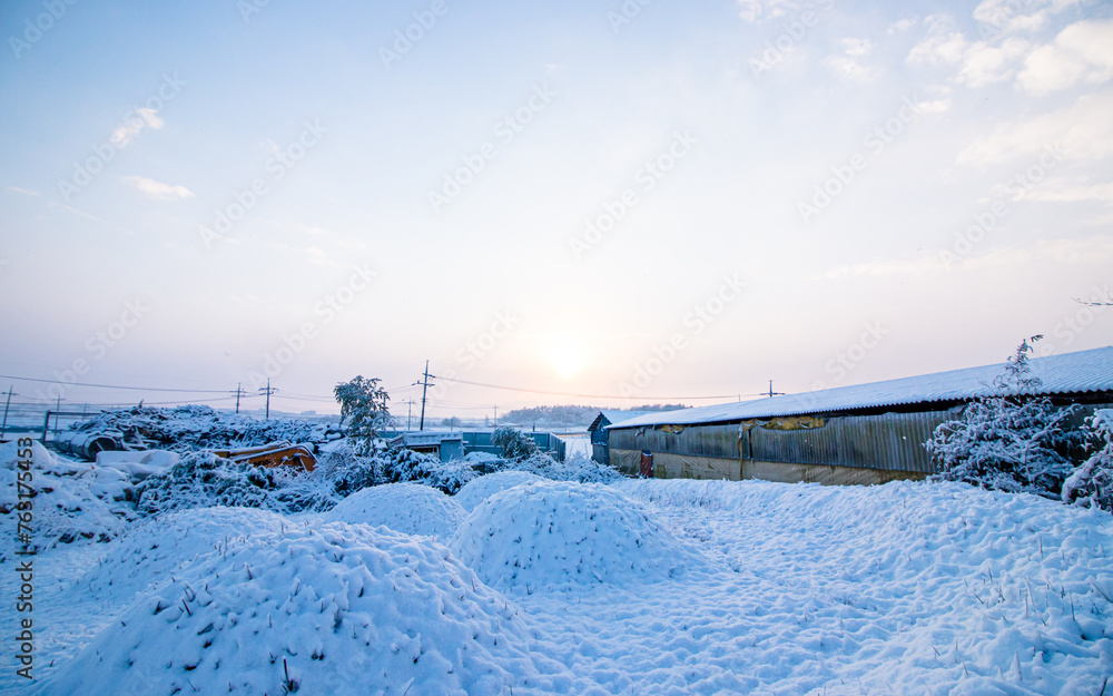 landscape view of snow covered land in Gwangju, South Korea. 