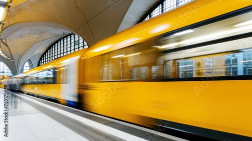 modern yellow train at high speed blurred motion at train subway station