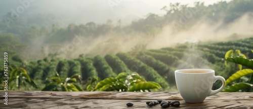 Fresh Coffee Cup on Wooden Table Overlooking Plantation, Morning coffee in a white cup steaming gently on a rustic wooden table with a scenic coffee plantation in the background.