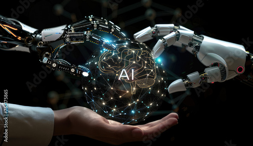 a robot s hand on top and a human s hand on the bottom are holding a ball of neurons  there is a brain in the ball  AI is written on the brain