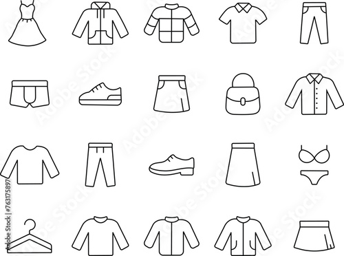 Clothing line icon set. Dress  polo t-shirt  jeans  winter coat  jacket pants  skirt minimal vector