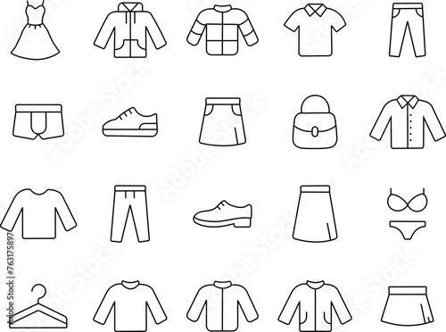 Clothing line icon set. Dress, polo t-shirt, jeans, winter coat, jacket pants, skirt minimal vector