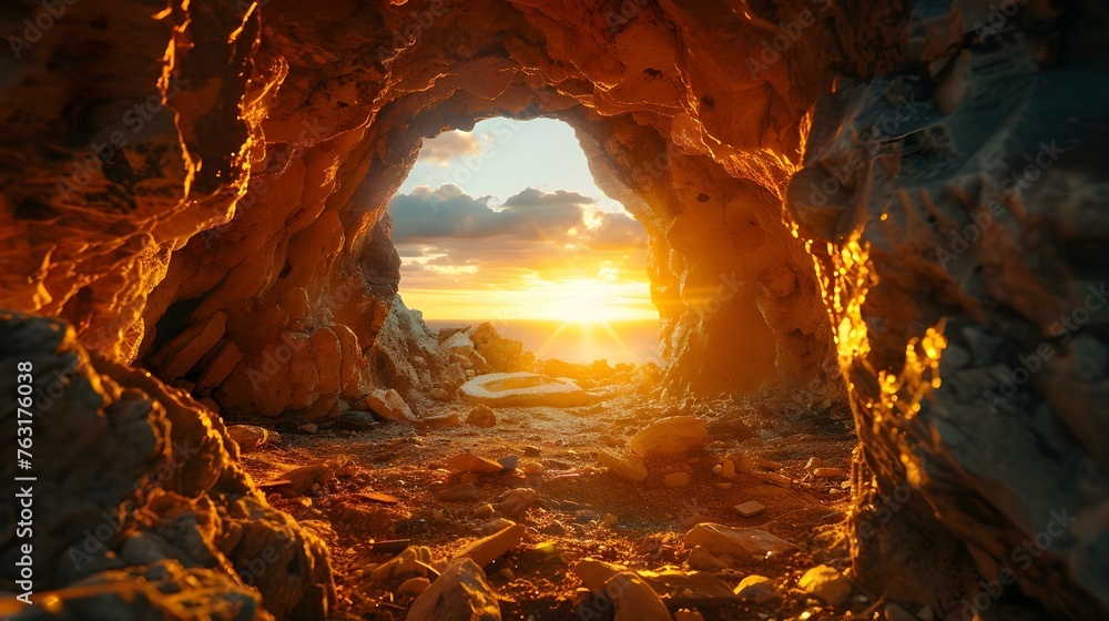 Sunrise illuminates empty tomb of Jesus Christ symbolizing resurrection faith hope and new beginnings. Concept Easter, Resurrection, Faith, Hope, New Beginnings