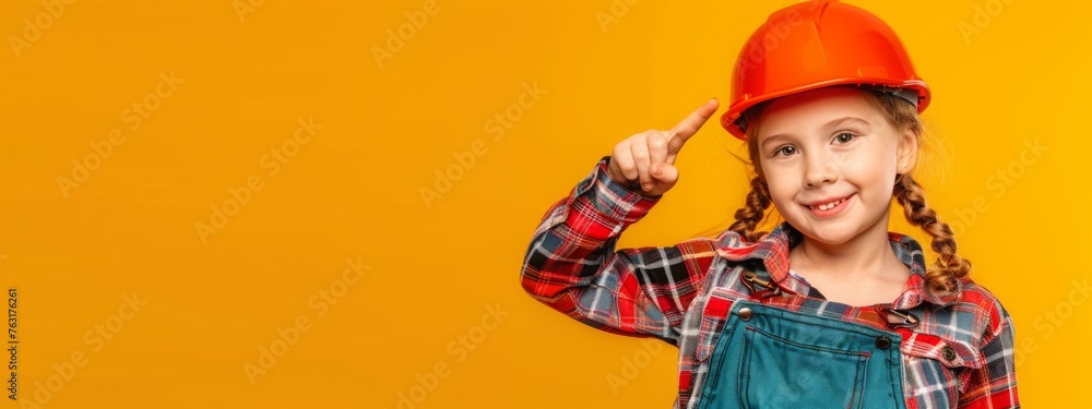 A little girl in a hard hat points to your advertisement on a yellow isolated background. A child in the clothes of a worker, preparing for repairs. Copy space. Banner. A place for advertising. A little girl in a hard hat points to your advertisement on a yellow isolated background. A child in the clothes of a worker, preparing for repairs. Copy space. Banner. A place for advertising.