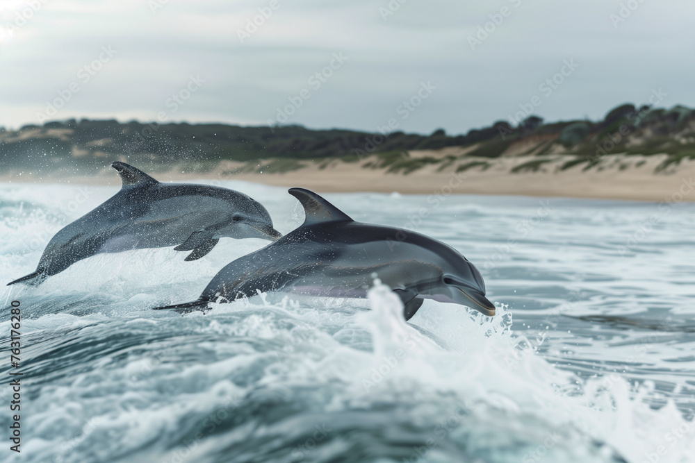 Fototapeta premium Dolphins jumping out of the water on the beach
