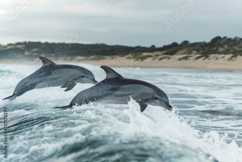 Dolphins jumping out of the water on the beach