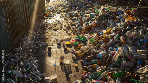 Sunlight streaming over a sprawling landfill cluttered with discarded plastic bottles, highlighting waste issues