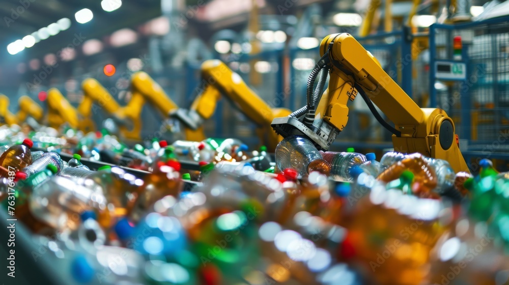 Automated robotic arms sorting a colorful array of recyclable plastic bottles in an industrial recycling plant