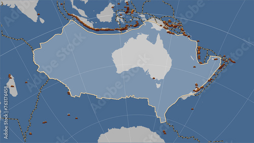 Volcanoes around the Australian plate. Contour map